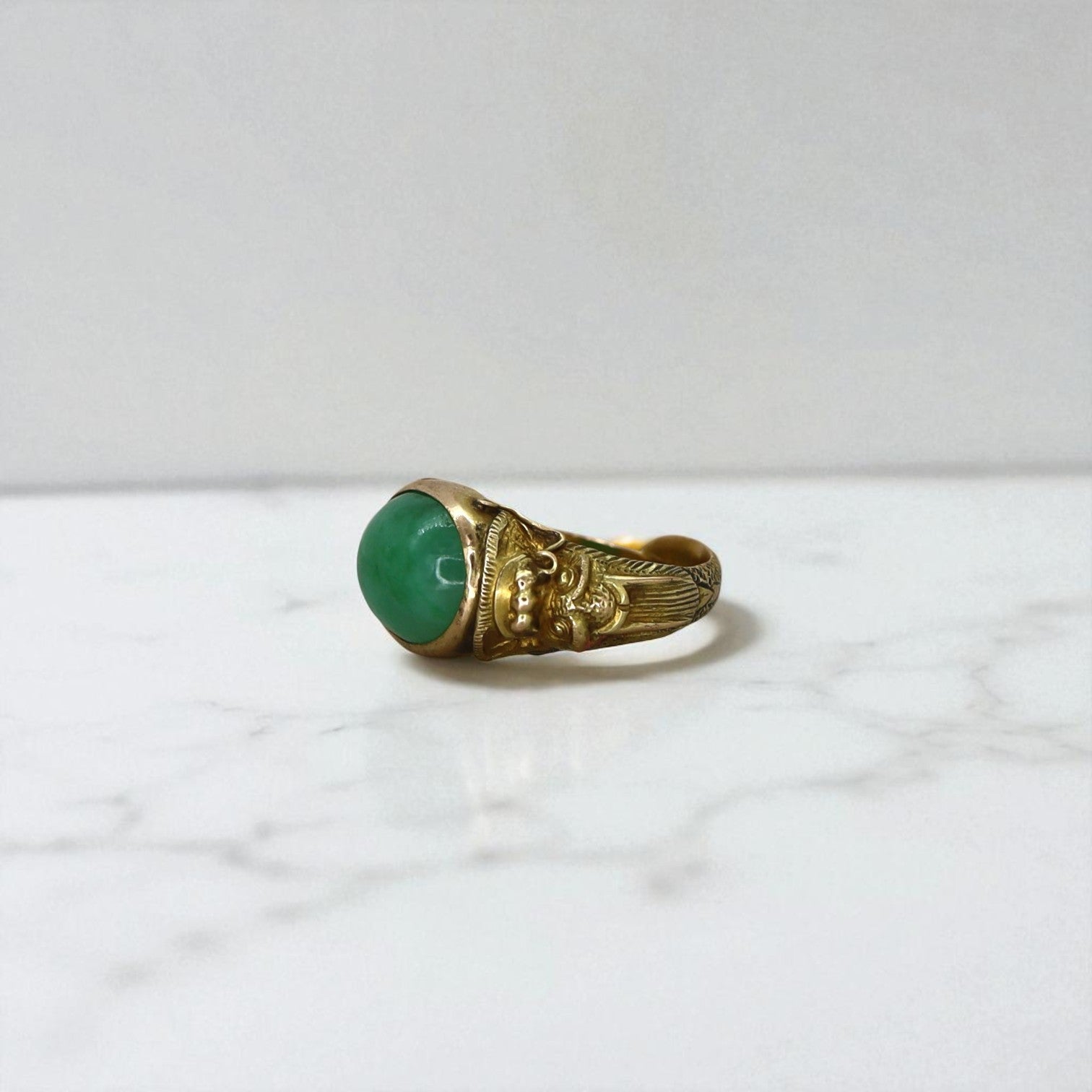 Art Nouveau Chinese Jade Saddle Ring 18K with Dragons - Petra Star