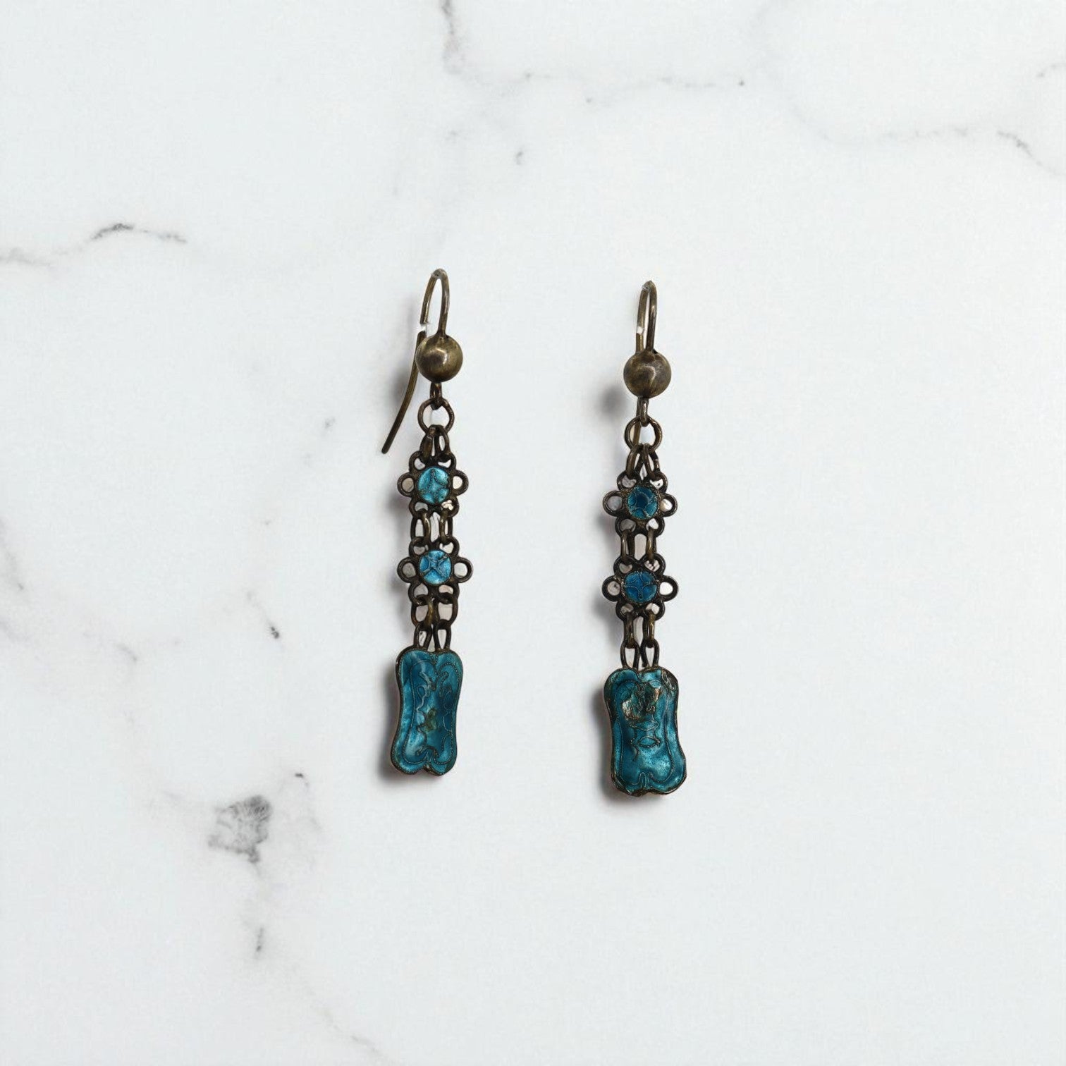 Art Nouveau Guilloche enamel earrings with intricate design and vibrant colors, crafted by The Vintage Vault.