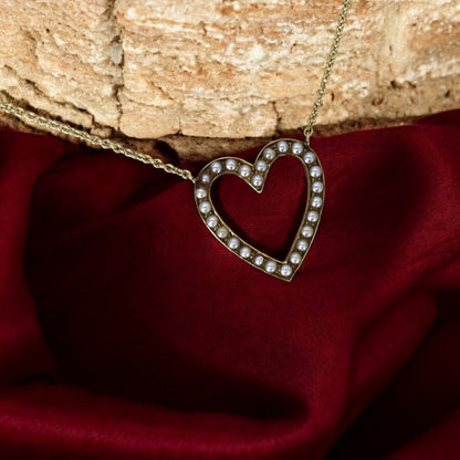 Antique 14K Gold Heart Pendant Necklace with Pearl, Circa 1910