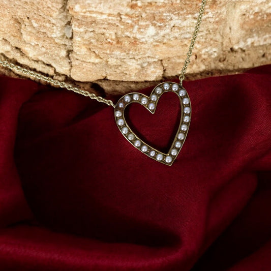Antique 14K Gold Heart Pendant Necklace with Pearl, Circa 1910