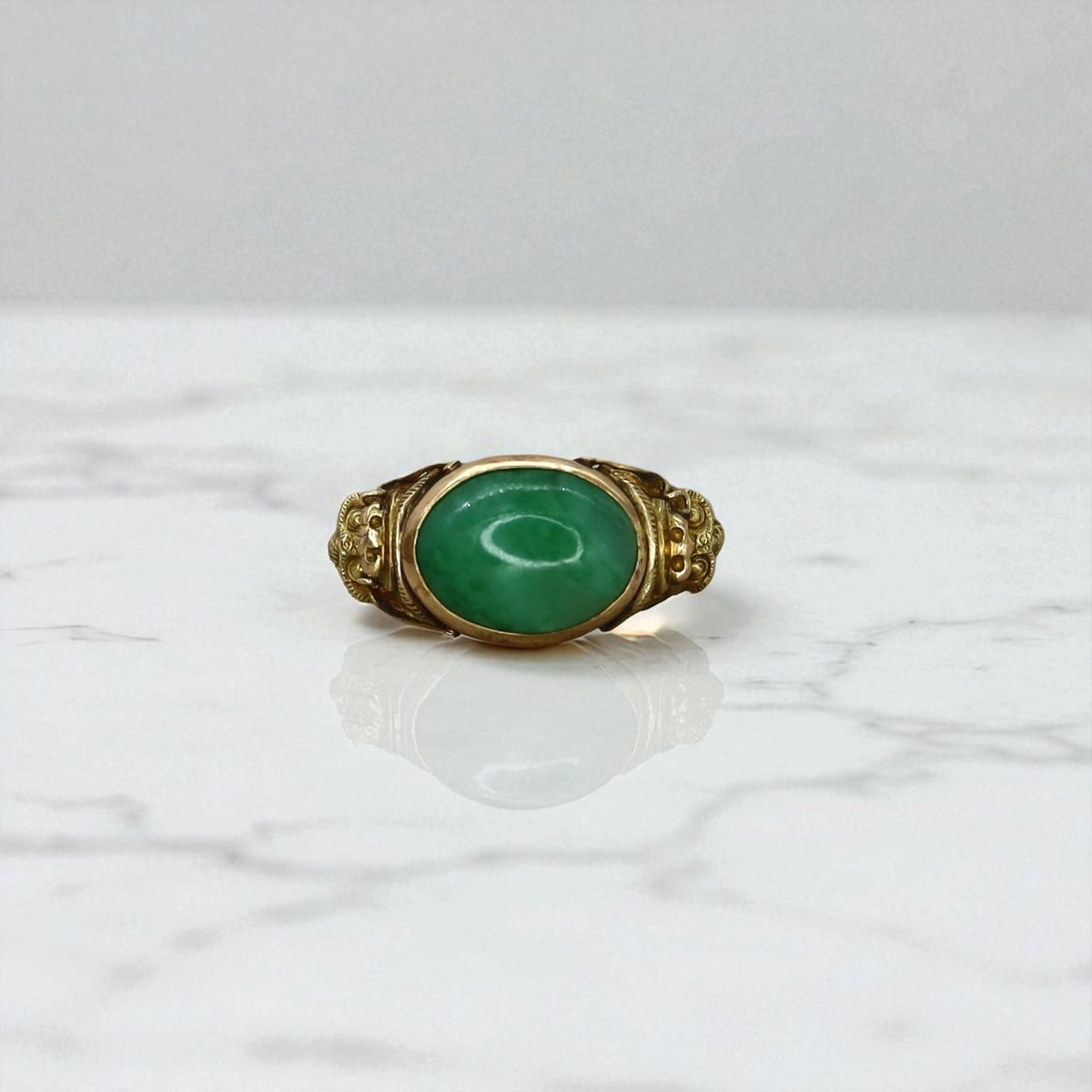 Art Nouveau Chinese Jade Saddle Ring 18K with Dragons - Petra Star