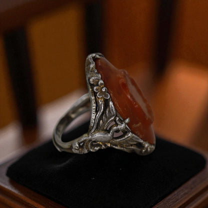 Art Nouveau Chinese Carnelian Ring with Peacock - Petra Star