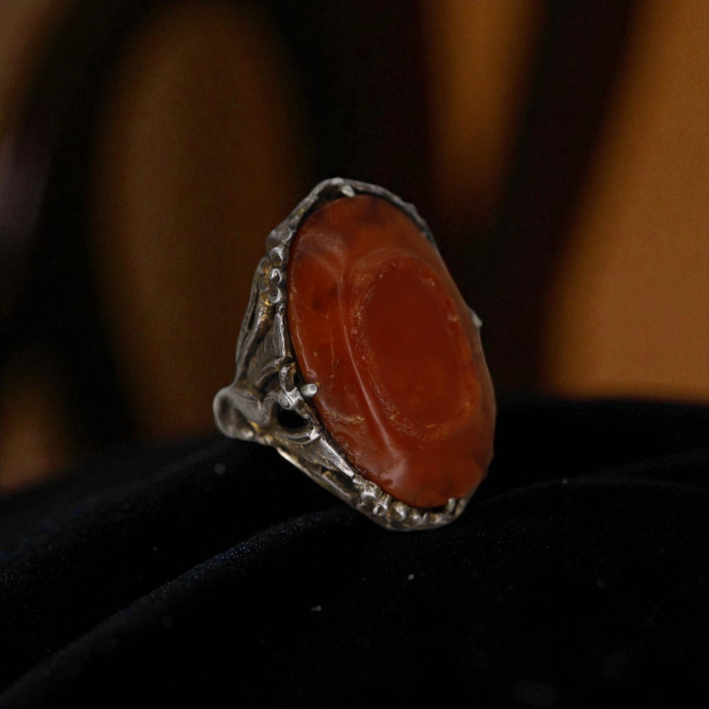Art Nouveau Chinese Carnelian Ring with Peacock - Petra Star