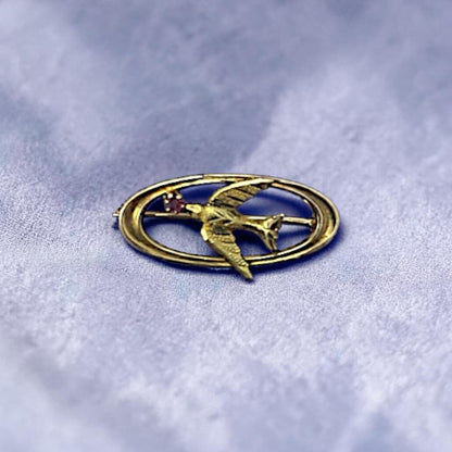 Art Nouveau Swallow Necklace in 10K Gold with Ruby | Converted Brooch Pendant | Vintage Bird Jewelry - Petra Star