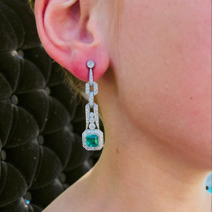 Platinum Art Deco-Style Emerald-Cut Emerald & Diamond Drop Earrings (3.65ct Emeralds, 2.30ct Diamonds)