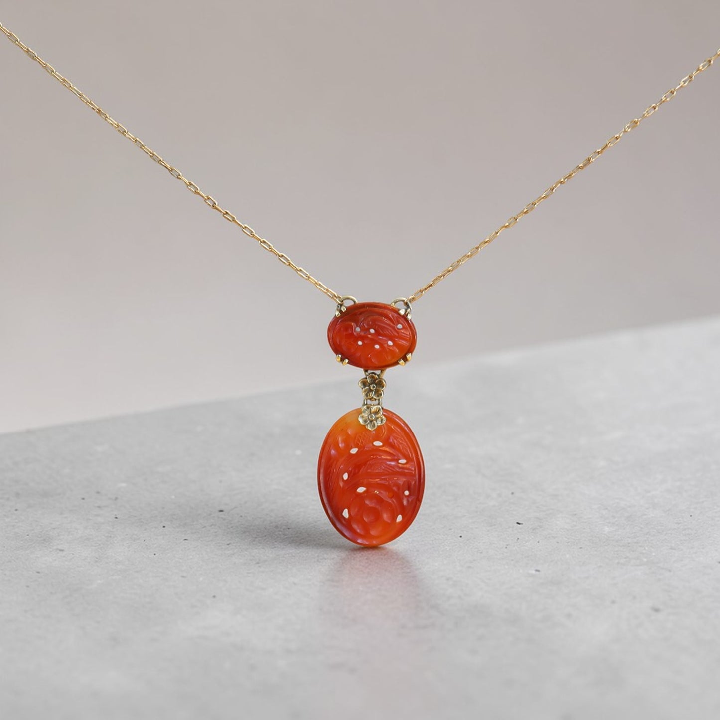 Art Nouveau Carved Carnelian Lavalier Necklace - Petra Star