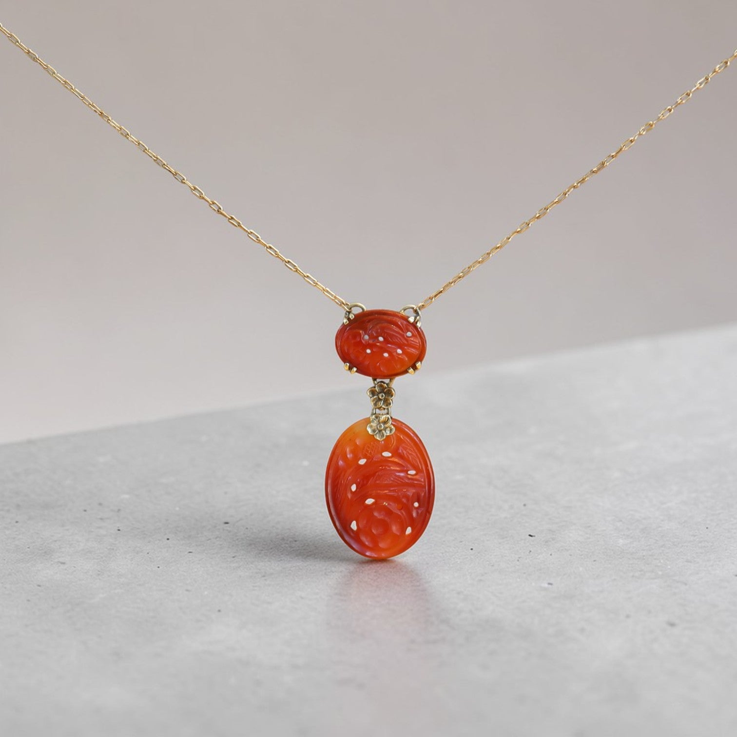 Art Nouveau Carved Carnelian Lavalier Necklace - Petra Star