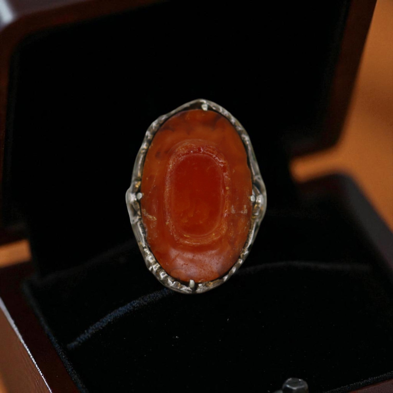 Art Nouveau Chinese Carnelian Ring with Peacock - Petra Star