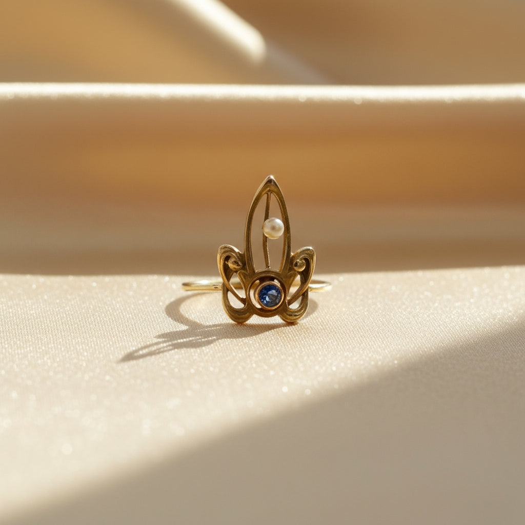 Art Nouveau Sapphire & Pearl Ring in 14k Yellow Gold - Petra Star