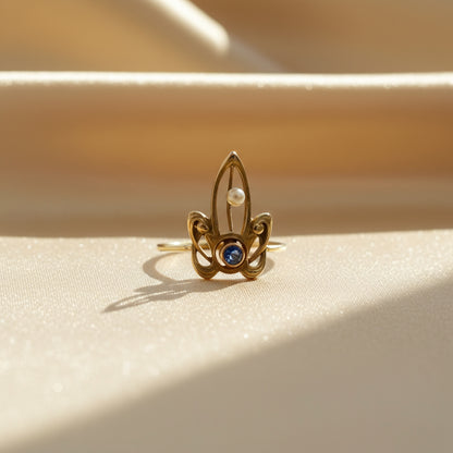Art Nouveau Sapphire & Pearl Ring in 14k Yellow Gold - Petra Star
