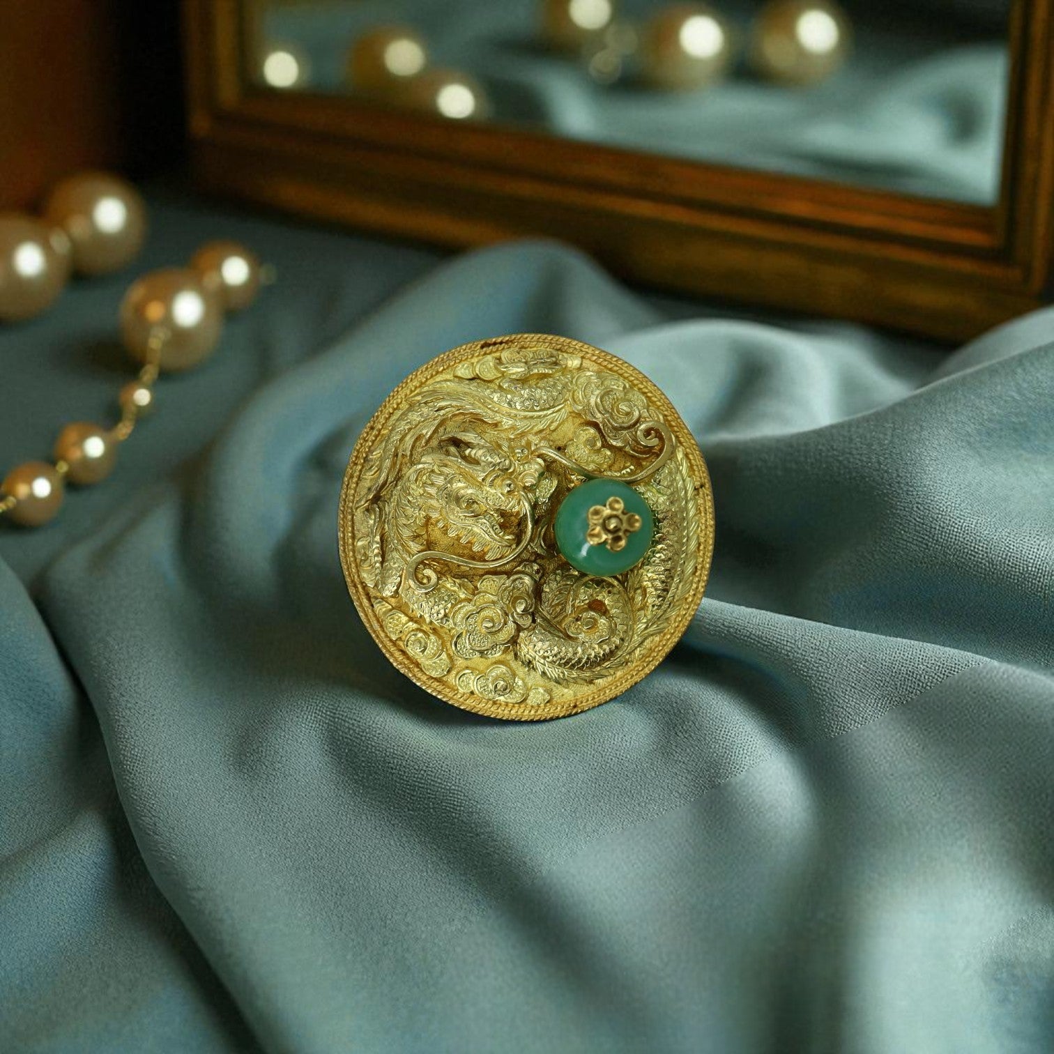 Art Nouveau Chinese Dragon & Jade Brooch/Pendant in 22k Gold – Heirloom Statement - Petra Star