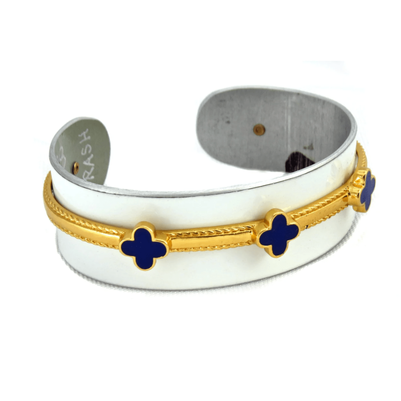 Silver Audi R8 Clover cuff bracelet by CRASH Jewelry featuring a sleek R8 design and clover accents on polished metal.