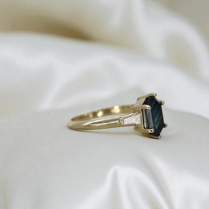 Hexagonal Teal Blue Sapphire Ring - Petra Star