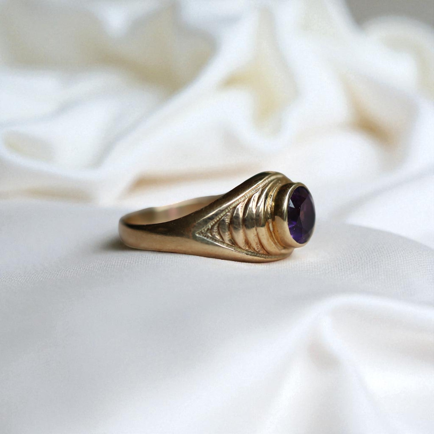 Vintage 1990s amethyst ring with bezel setting, heavy 14k yellow gold tapered dome design, crafted by The Vintage Vault.