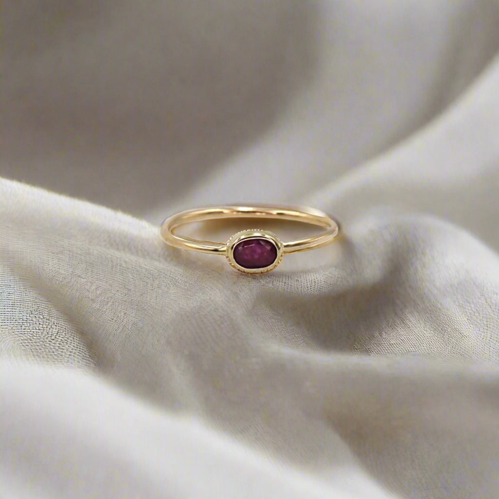 Petra Star Endurance Ruby Ring featuring a bezel-set vibrant ruby gemstone in a sleek metal band.