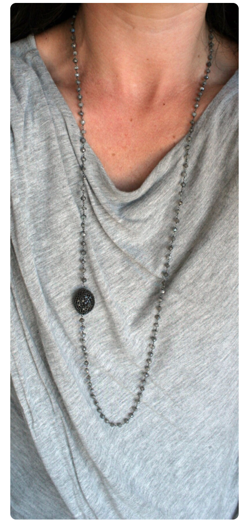 Versatile Layer Necklace 36" Blackened Silver Labradorite and Black Diamond Pave Bead Station Necklace