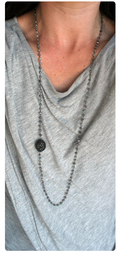 Versatile Layer Necklace 36" Blackened Silver Labradorite and Black Diamond Pave Bead Station Necklace - Petra Star