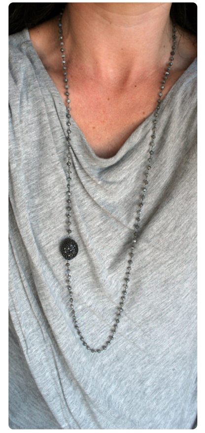 Versatile Layer Necklace 36" Blackened Silver Labradorite and Black Diamond Pave Bead Station Necklace - Petra Star