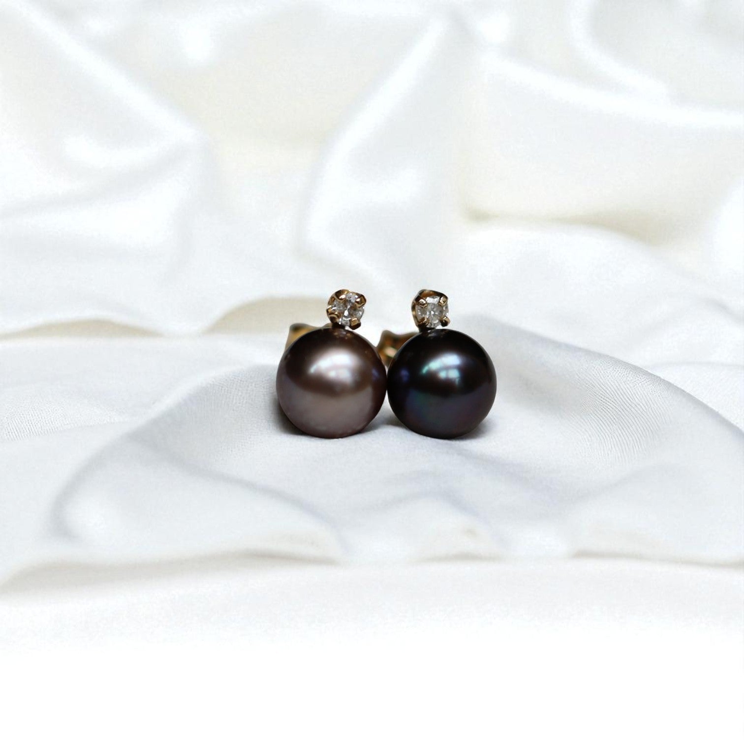Tahitian Pearl and Diamond Stud Earrings – 14k Yellow Gold, Natural 8mm Pearls, Mismatched Pair - Petra Star