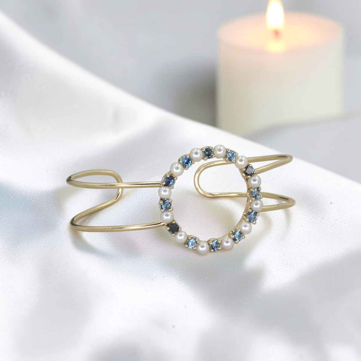 Reimagined Estate Brooch Cuff Bracelet — 14K Gold, Pearl & Blue Zircon, Circa 1930s