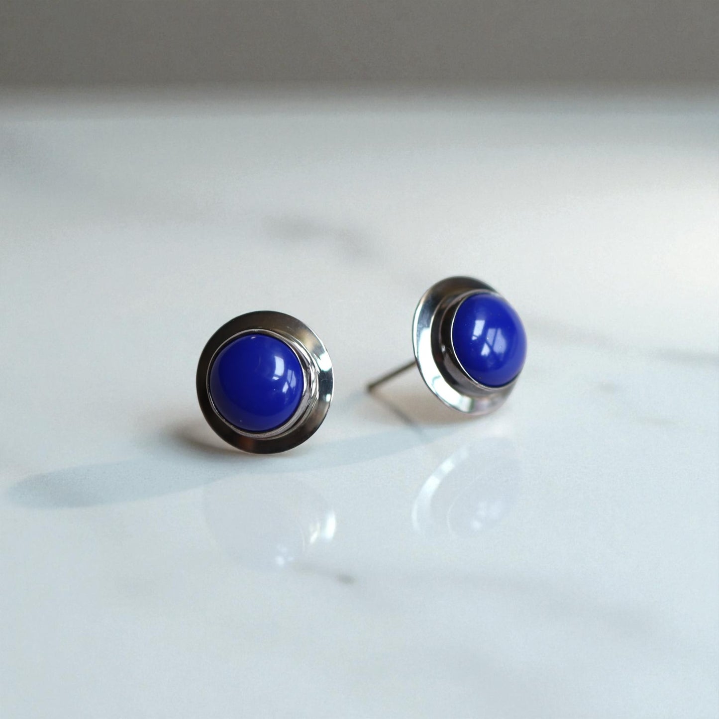 Estate Silver Lapis Ring, Blue Enamel Earrings & Pendant Set – Modernist Design, Circa 1990
