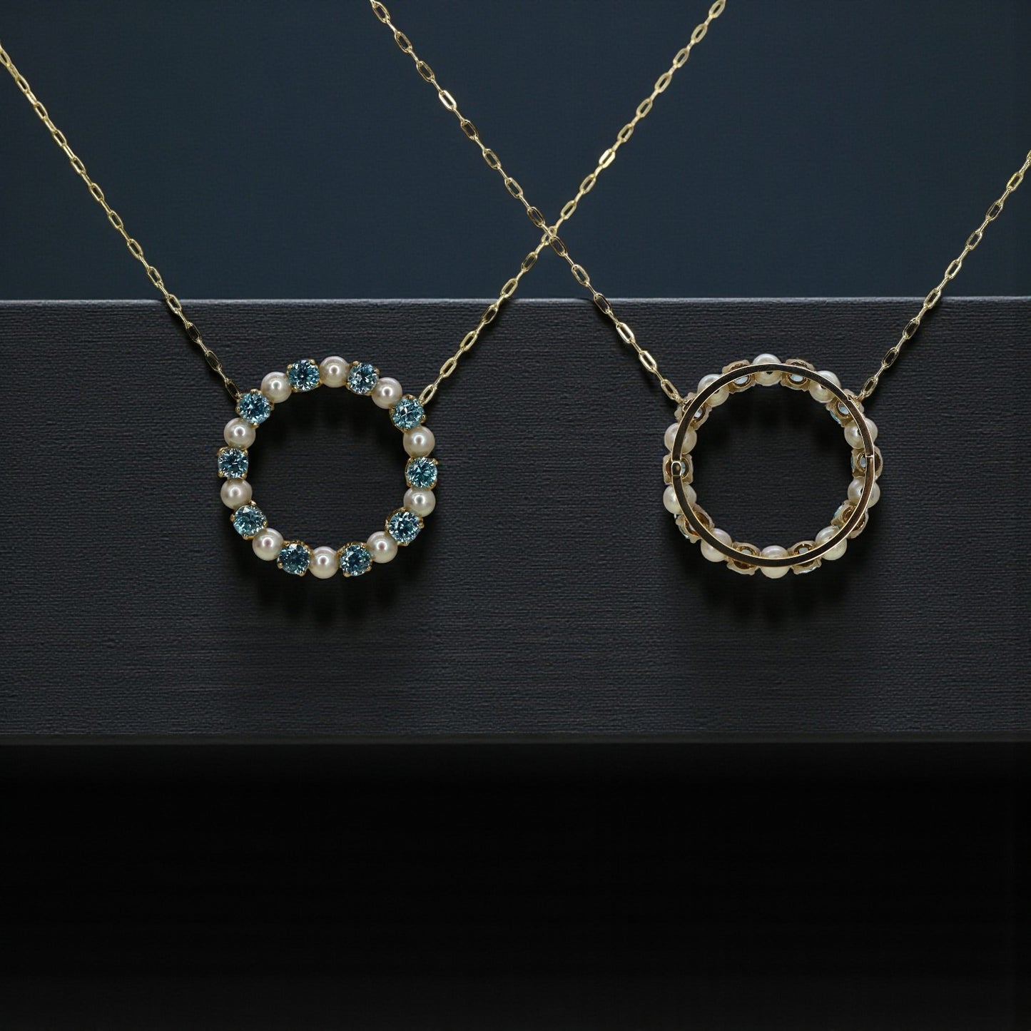 Blue Zircon & Pearl Circle Necklace 14k Gold – Vintage Brooch Conversion