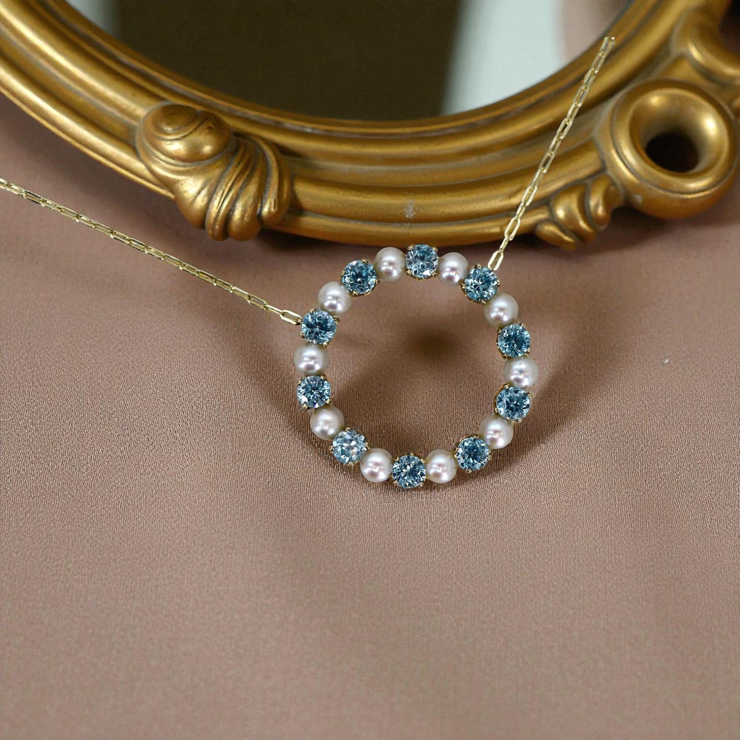 Blue Zircon & Pearl Circle Necklace 14k Gold – Vintage Brooch Conversion