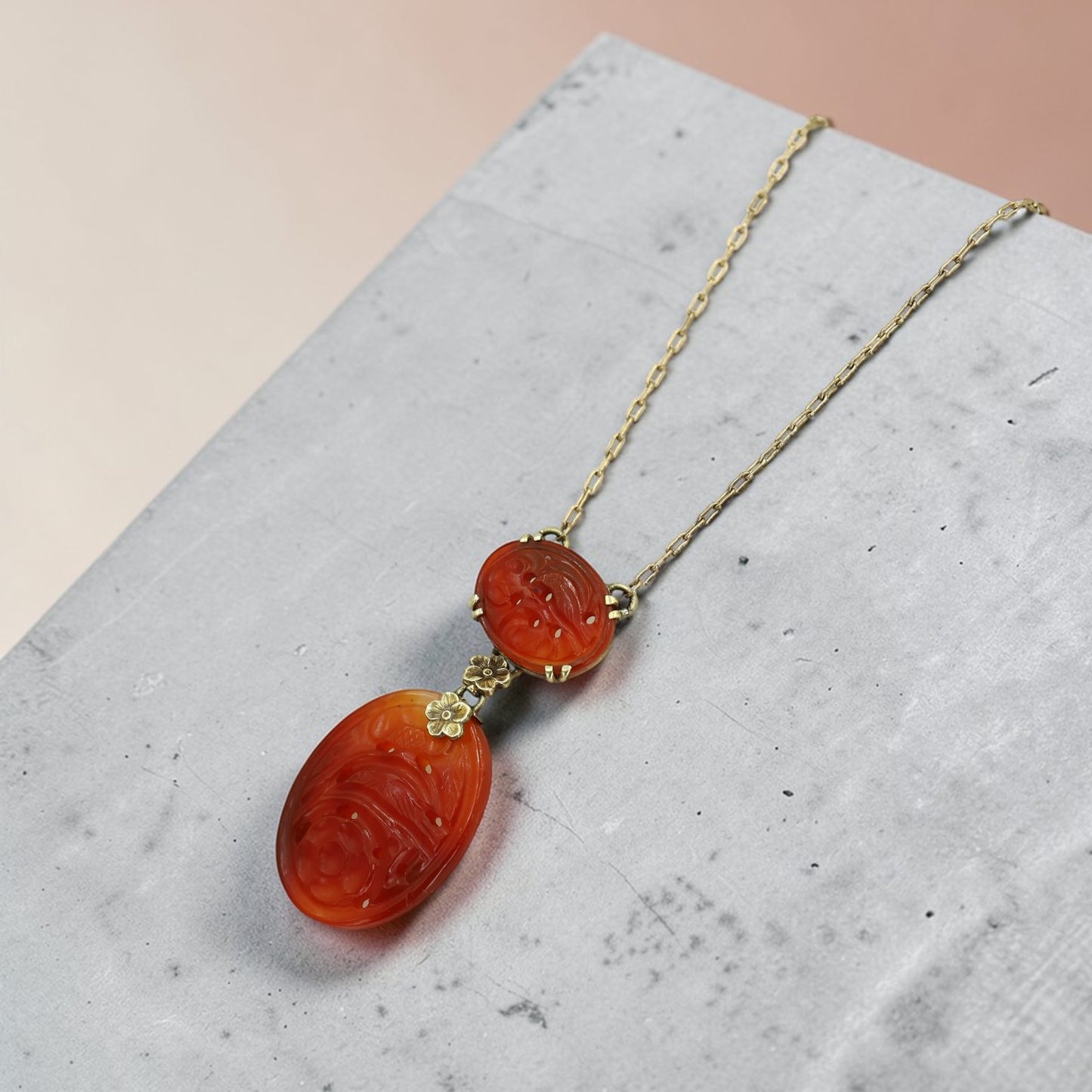 Art Nouveau Carved Carnelian Lavalier Necklace - Petra Star