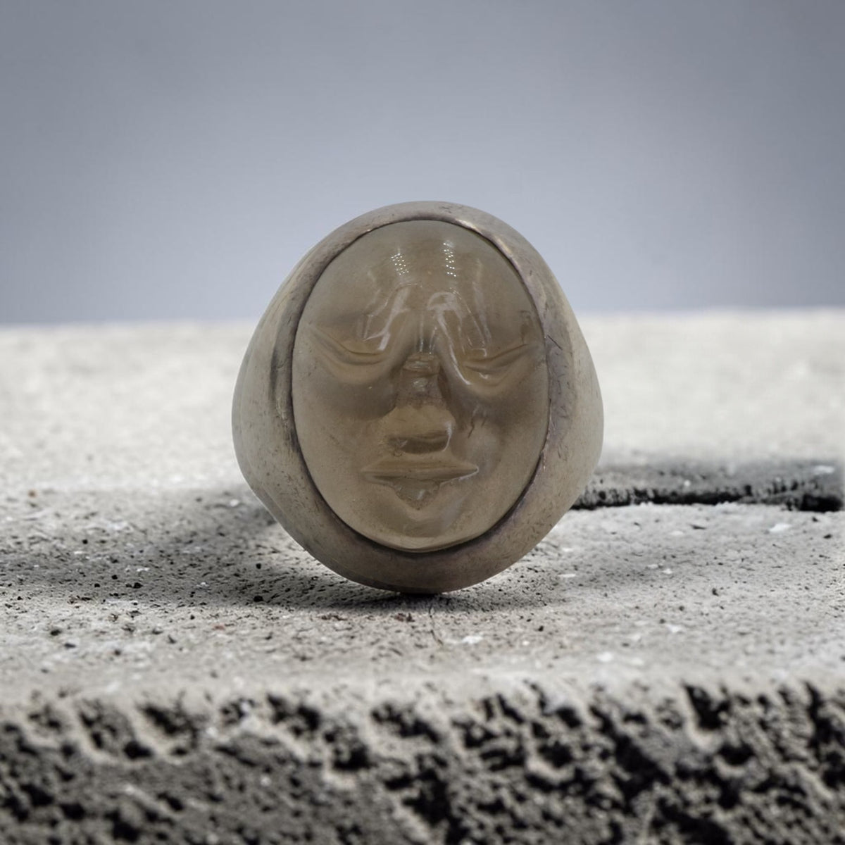 Vintage 1970s Mexican Sterling Silver Smoky Quartz Carved Face Ring — Size 9