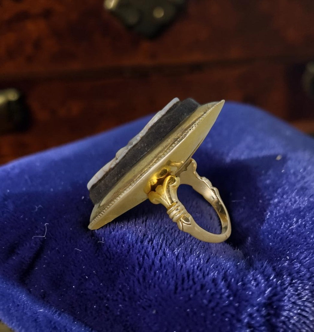 Antique Boulder Opal Cameo Ring featuring a carved warrior figure in 14k gold, showcasing 1800s craftsmanship.