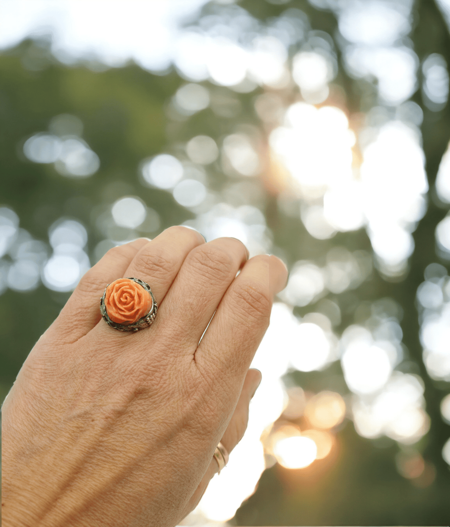 Antique Chinese Carved Coral Ring in Sterling Silver - Petra Star