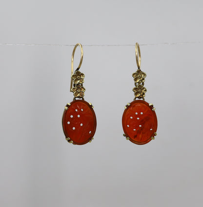 Art Nouveau Carved Carnelian Earrings 14k Yellow Gold - Petra Star
