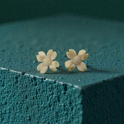 Hand-Carved Antique Edelweiss Celluloid Flower Stud Earrings on Gold-Filled