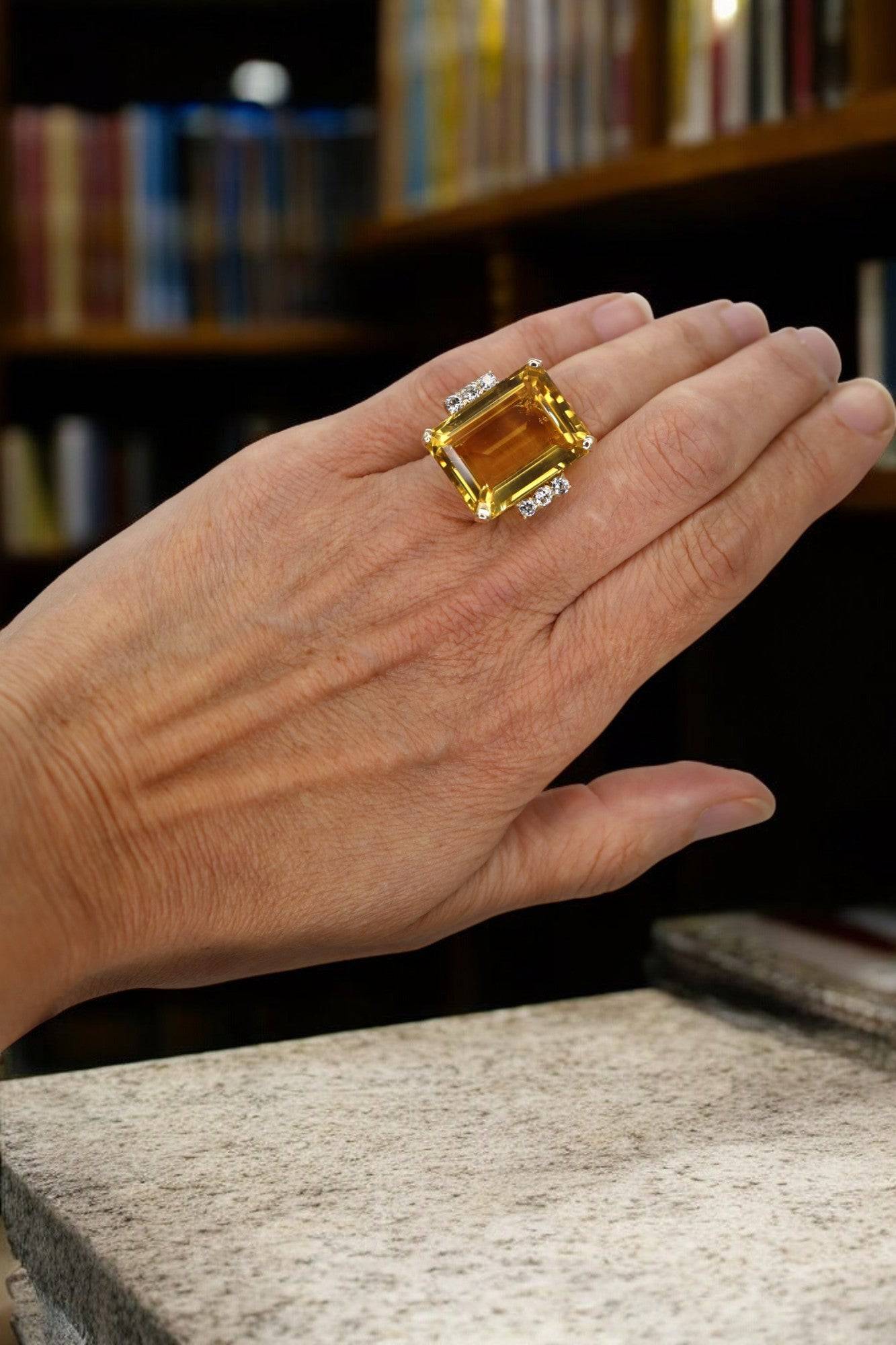 Retro Diamond and Citrine Ring in 14k Gold Ginormous 33 Carats