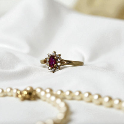 Vintage 1990s Rubellite Tourmaline & Diamond Cluster Ring – Princess Diana Style, 14k Yellow Gold - Petra Star