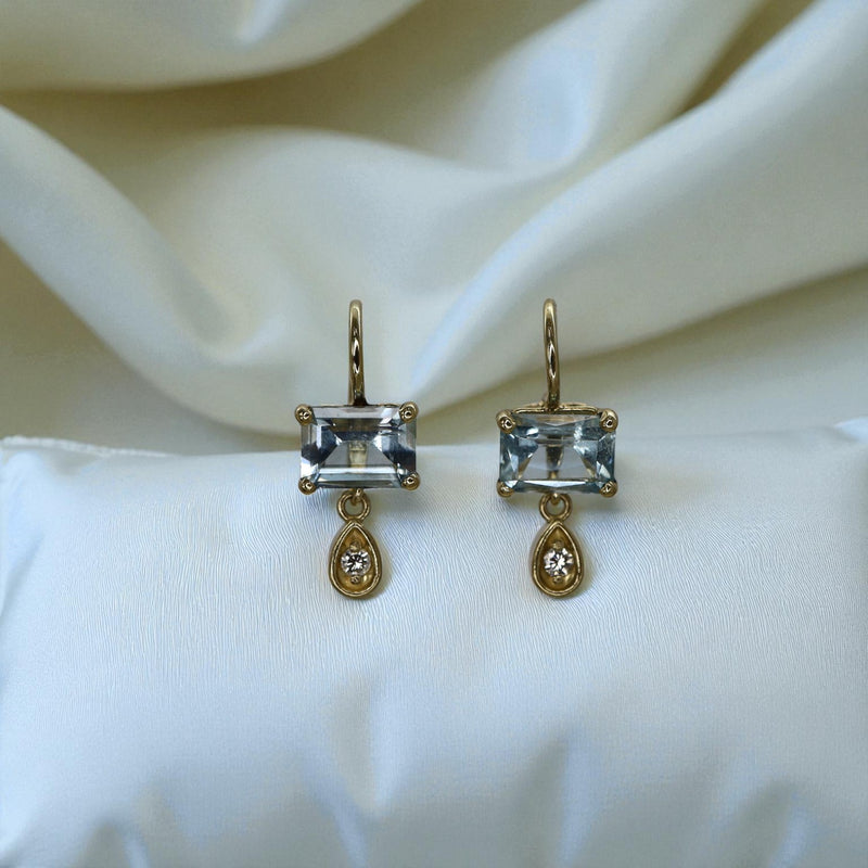 Colorado Mined Aquamarine Earrings in 14k Yellow Gold with Diamonds