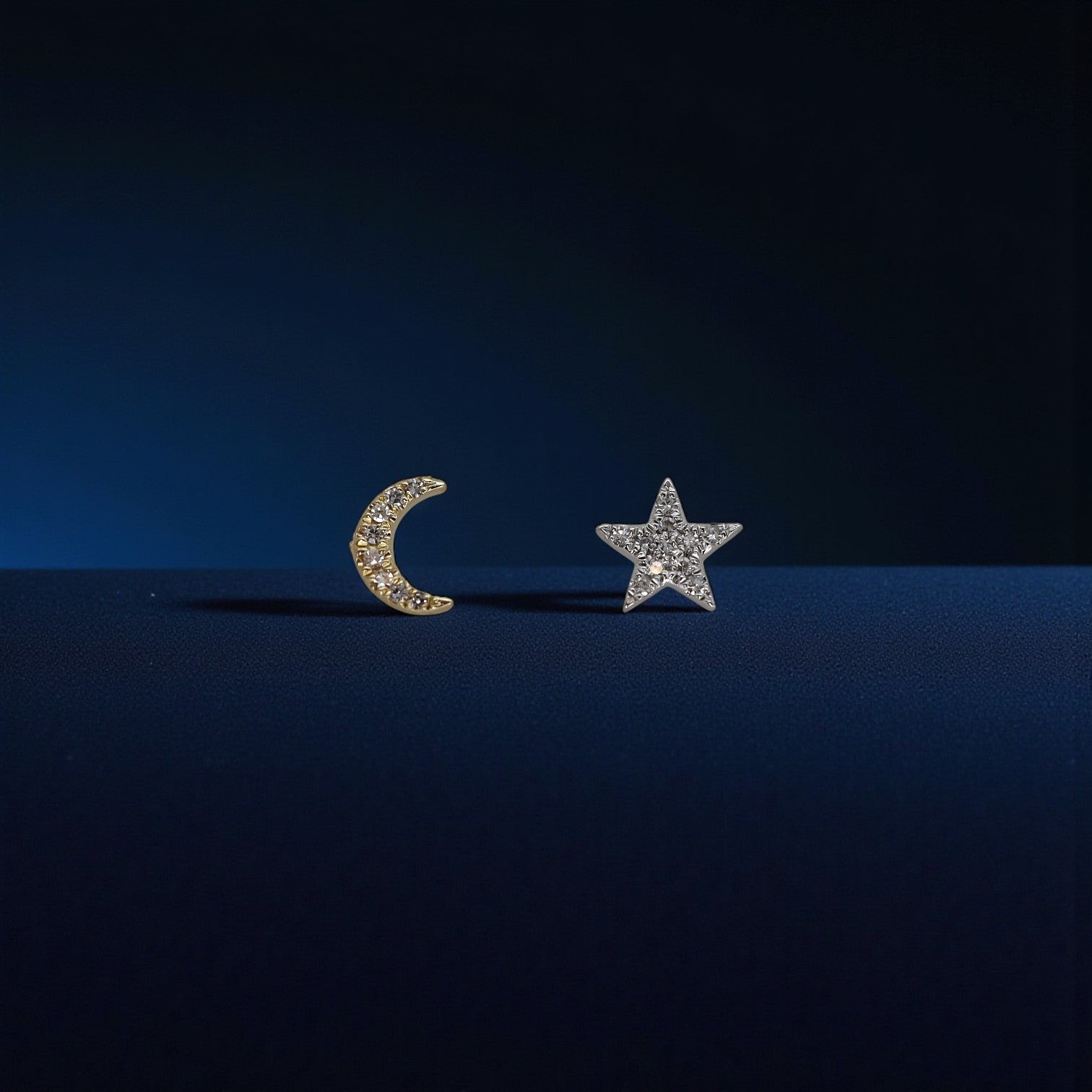 14k Gold Diamond Stud Earring—Crescent Moon or Star (Single) - Petra Star
