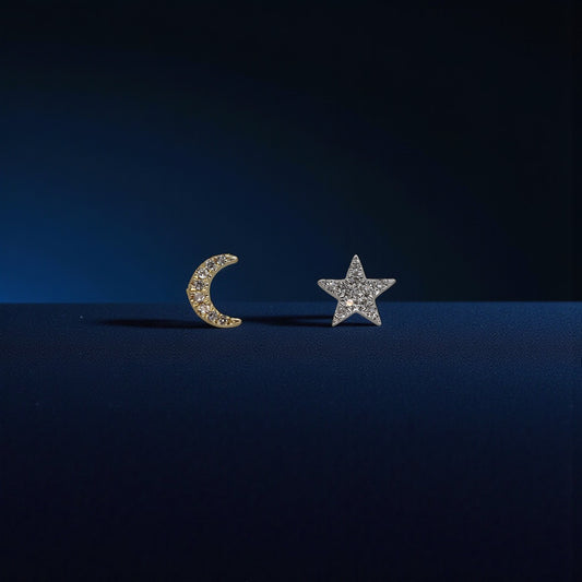 14k Gold Diamond Stud Earring—Crescent Moon or Star (Single)