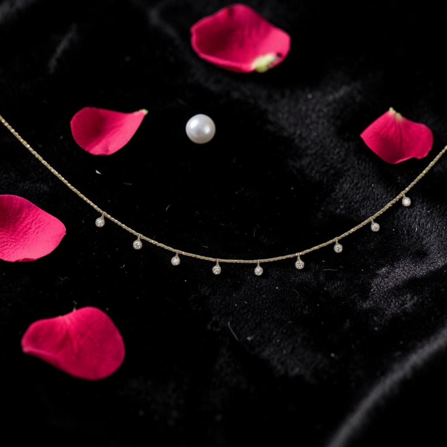 Bezel Set Diamond Drop Necklace | 14k Gold Diamond-Cut Bead Chain | 9 Diamond Station Necklace | Petra Star
