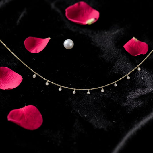 Bezel Set Diamond Drop Necklace | 14k Gold Diamond-Cut Bead Chain | 9 Diamond Station Necklace | Petra Star