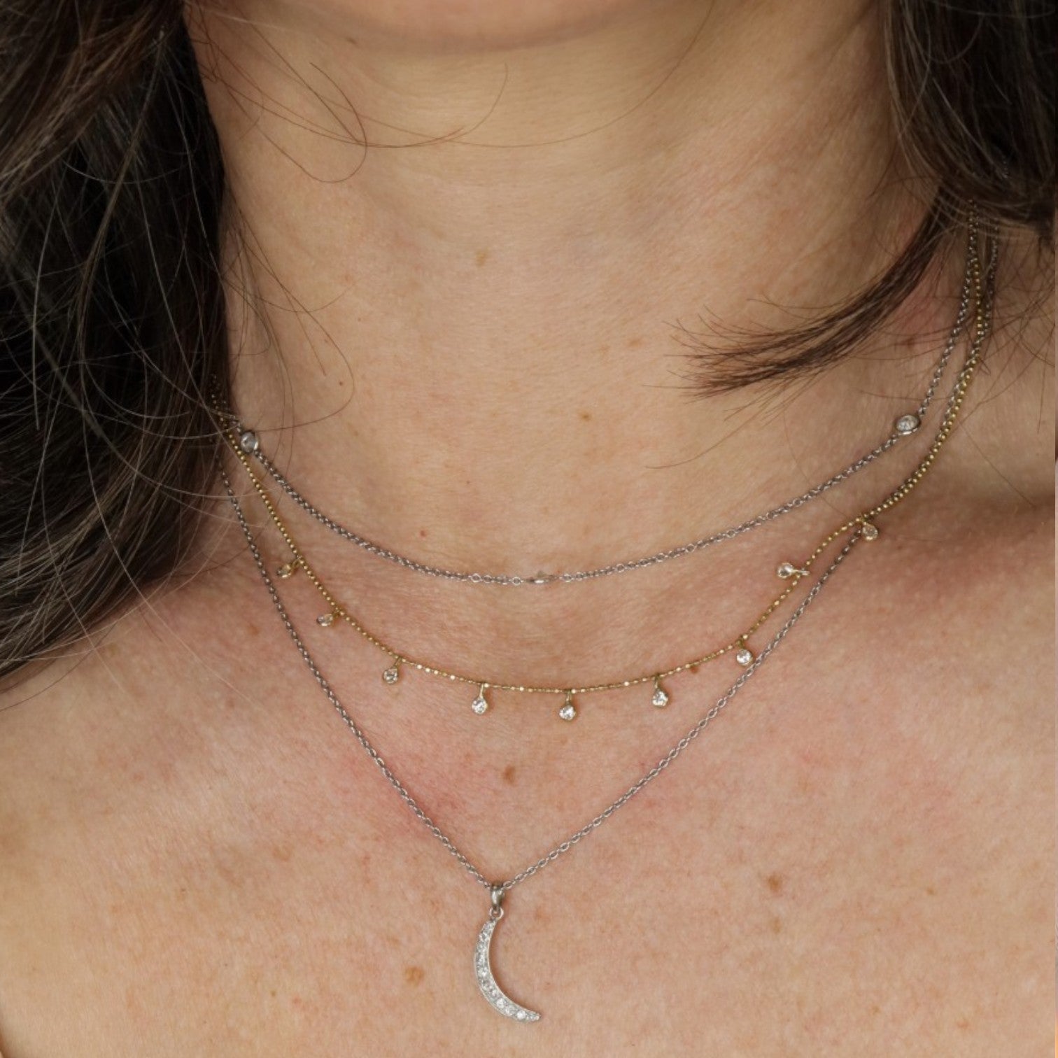 Bezel Set Diamond Drop Necklace | 14k Gold Diamond-Cut Bead Chain | 9 Diamond Station Necklace | Petra Star