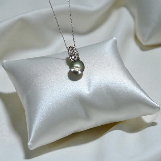 Upcycled Tahitian Pearl and Diamond Pendant Necklace – 14k White Gold Chain with Hidden Bail, Circa Mid-Century - Petra Star