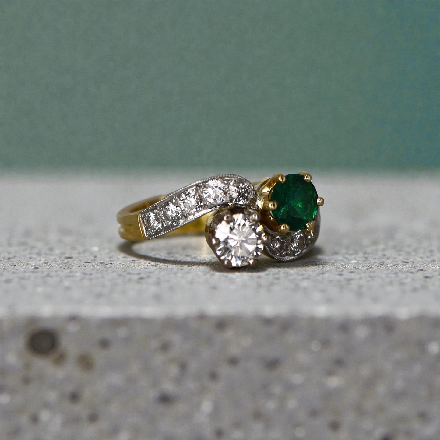 French Emerald Diamond Gold Toi et Moi Engagement Ring - Petra Star