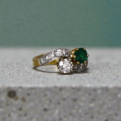French Emerald Diamond Gold Toi et Moi Engagement Ring - Petra Star