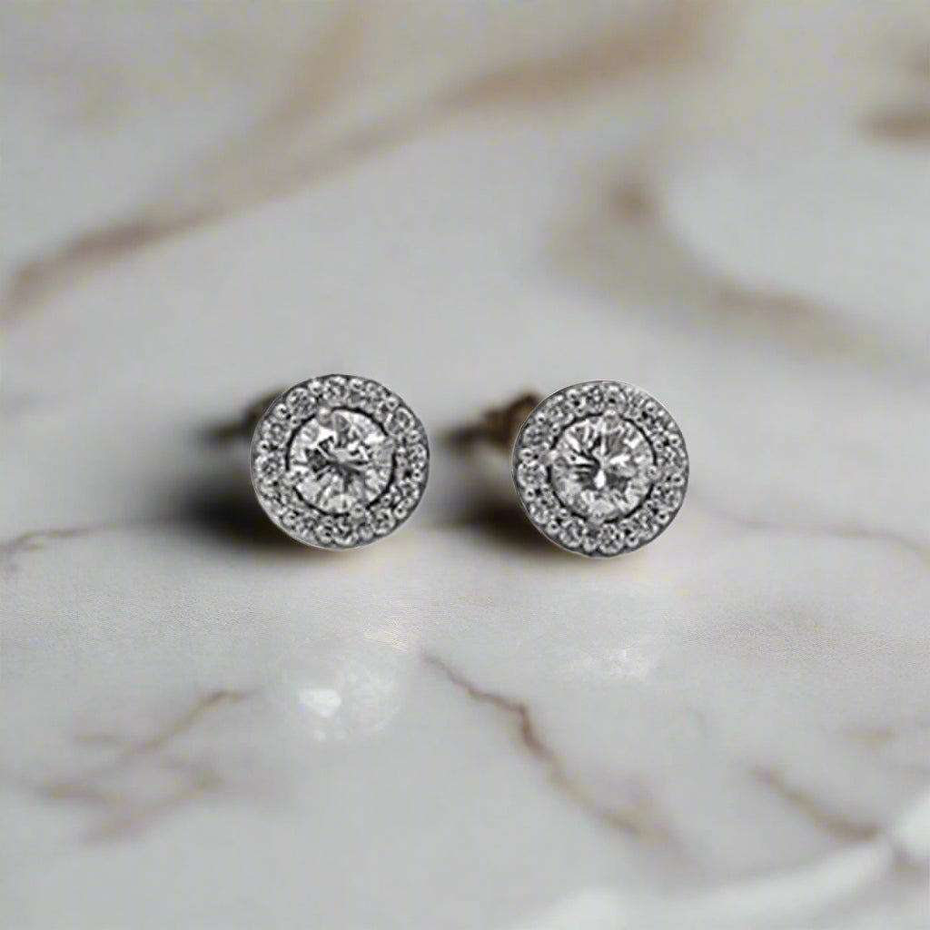 Diamond Halo Stud Earrings in 14k White Gold .50 cts Total Weight - Petra Star