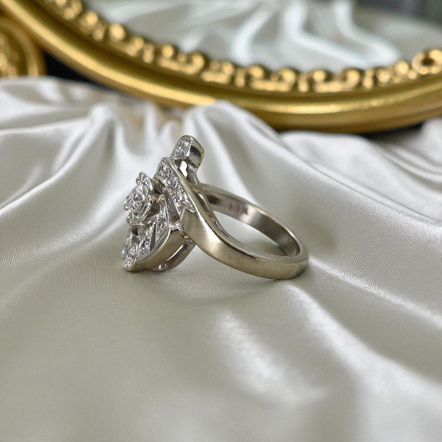 Vintage diamond retro cocktail ring in 14k white gold with a cluster design, from The Vintage Vault.