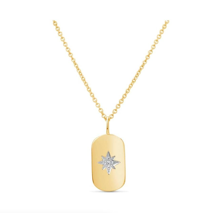 14k yellow gold diamond star dog tag necklace by Dilamani, showcasing a polished gold pendant with diamond accents.
