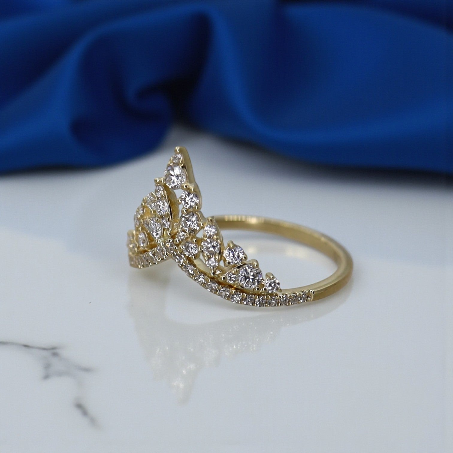 Dilamani Diamond V Tiara Ring in 14k yellow gold with sparkling diamonds, showcasing a regal tiara-inspired design.