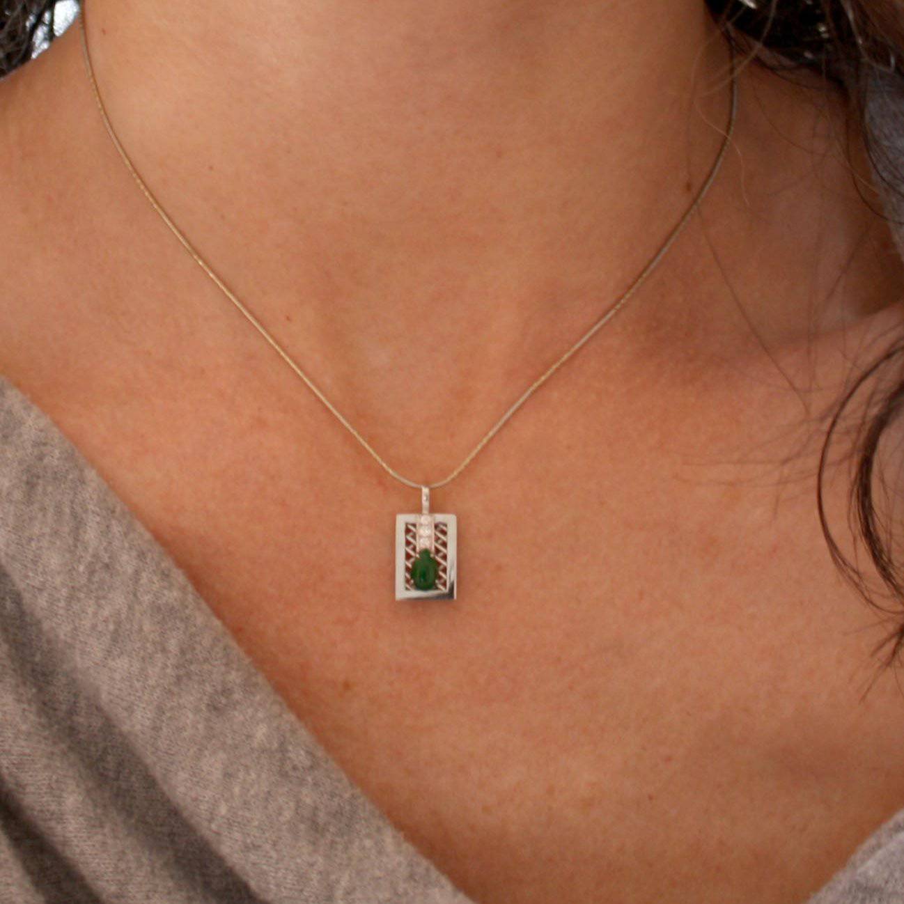 Natural Emerald and Diamond Drop Pendant in Platinum