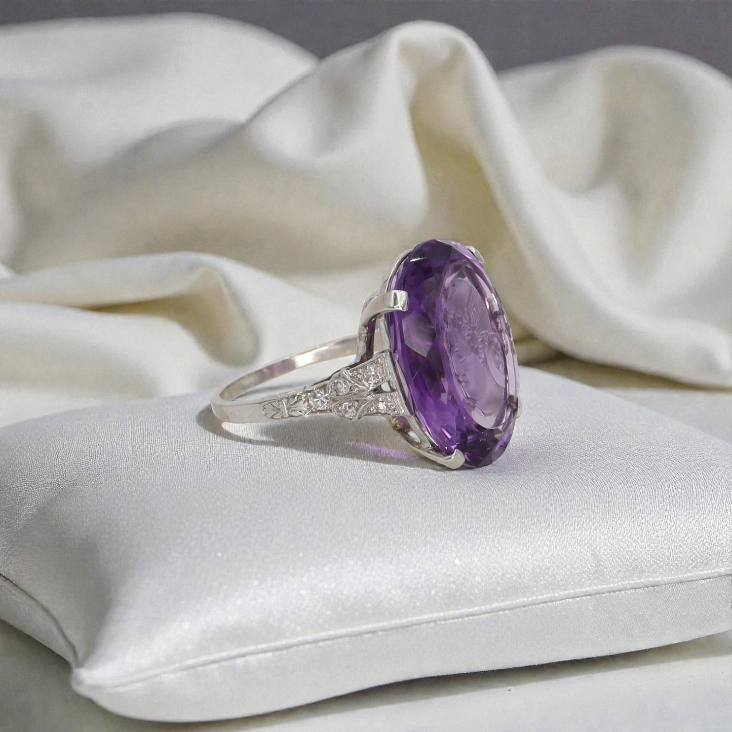 Edwardian Platinum Intaglio Amethyst Ring: Winged Hermes